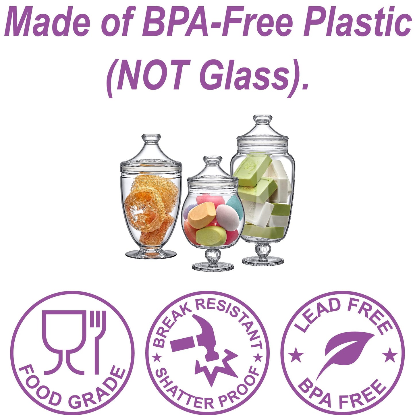 Amazing Abby - Admire - Plastic Apothecary Jars (3-Piece Set, 60/46/40 oz) (NOT Glass), Acrylic Jars with Lids, Bathroom Canisters, Candy Buffet, Wedding Display, BPA-Free and Shatter-Proof