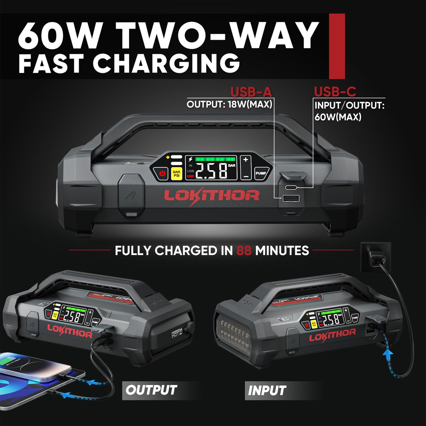 LOKITHOR JA401 3750A Jump Starter with Air Compressor, 60W Two-Way Fast Charing, 12V Lithium Battery Starter with 150PSI Auto-Shutoff Tire Inflator, Booster Pack for 10.0L Gas or 8.0L Diesel Engines