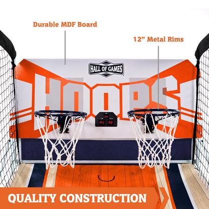 Hall of Games EZ Fold Premium Indoor Arcade Basketball Game, Steel Frame and Dual Shot Electronic Scoring with 4 Size 3 Basketballs Included, Perfect for Basement Game Rooms