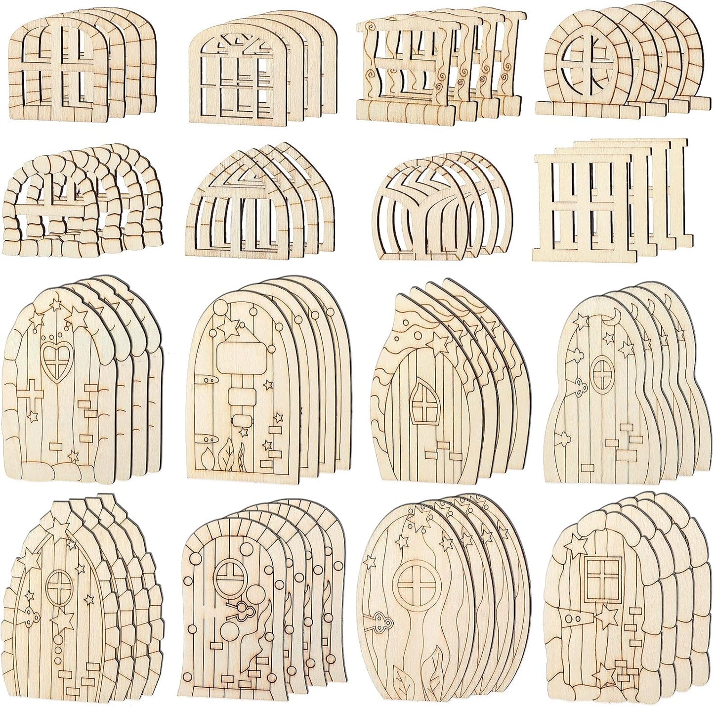 Skiennix Fairy Door Mini Wooden Garden Doors - 64 Pcs Unfinished DIY Craft Kit for Home Decor