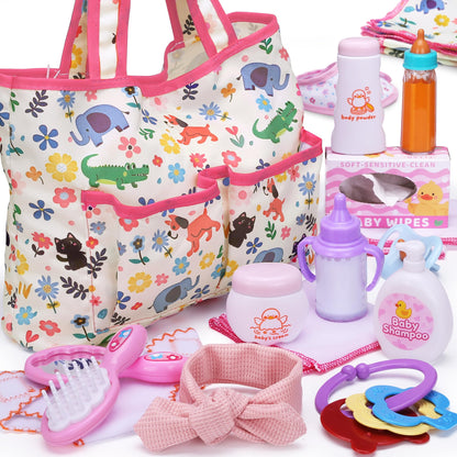 Baby Doll Accessories Set in Gift Box, 16 Pack Baby Doll Feeding Caring Kit with Pacifiers & Diaper Bag & Magic Bottles, Birthday / Christmas Party Goody Bag Stuffer, Toddler Kid Girl Pretend Play Toy