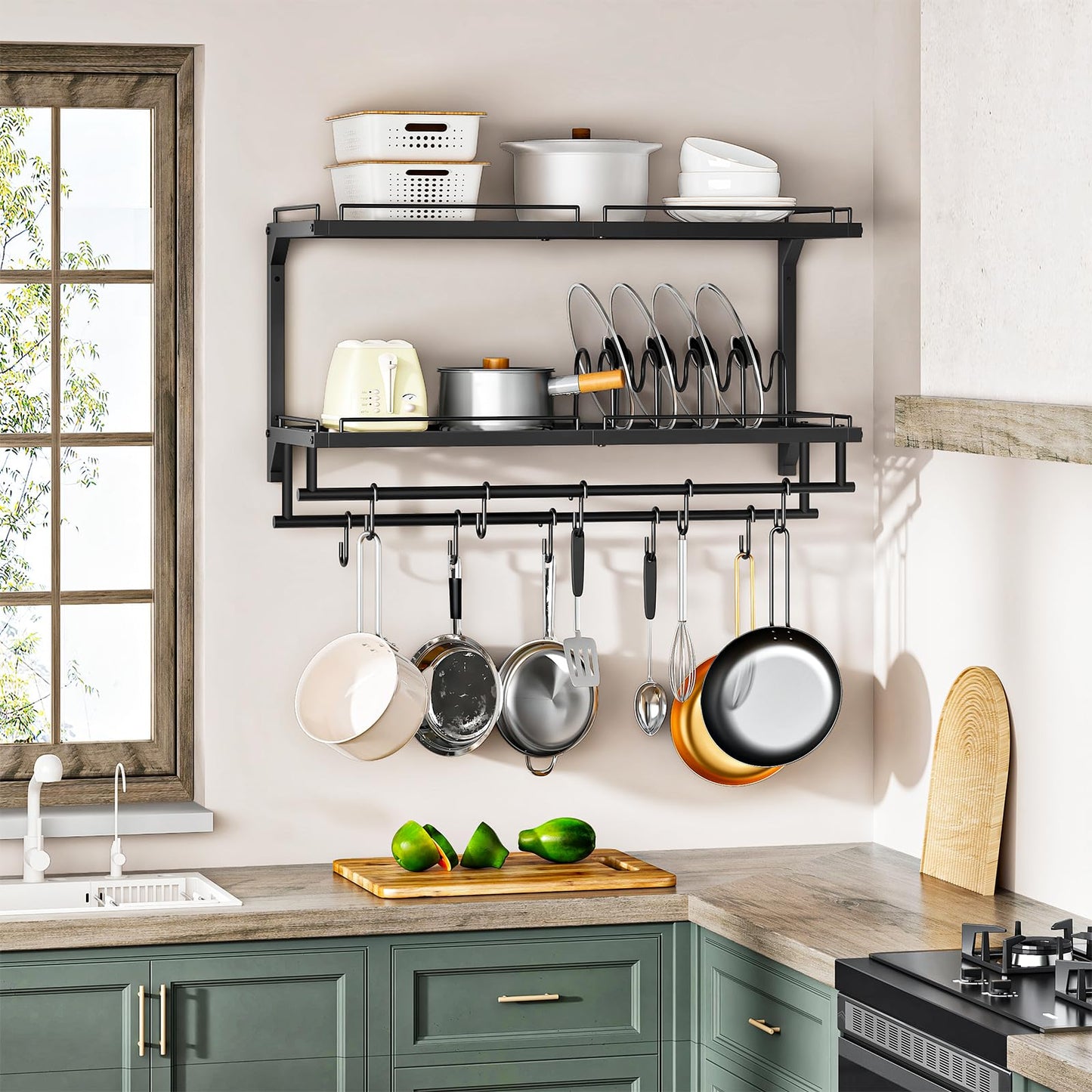 CHOEZON Pot Rack, Wall Mounted Pan Holder, 2-Tier Pot and Pan Organizer, Pot Hanger with 10 S-Shaped Hooks, Cookware Organizer with 5 Removable Metal Wire Dividers, Black TPR35BB