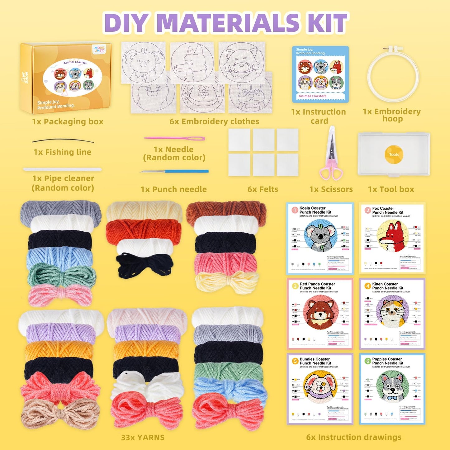 punch needle kit-6,embroidery kit for beginners,punch needle kits adults beginner,needles, curved scissors, a tool storage box, yarn, easy-to-follow instructions, and tutorial videos(6 animal coaster)