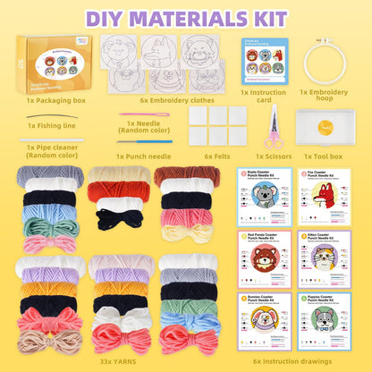 punch needle kit-6,embroidery kit for beginners,punch needle kits adults beginner,needles, curved scissors, a tool storage box, yarn, easy-to-follow instructions, and tutorial videos(6 animal coaster)