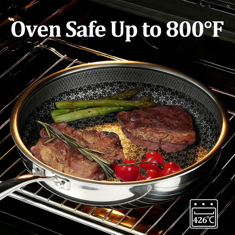 KURRUNGIE Hybrid Non Stick Frying Pans 2 Piece set, Stainless Steel Frying Pans with Tempered Glass Lid, 10" 12" 5 Ply Induction Cookware, Oven-Safe Up to 800°F, Compatible with All Cooktops