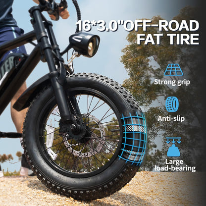 AVDLBIKE Electric Bike, 16'' Fat Tire E-Bike for Teens &Child/Adults, 500W Small Ebike with 36V/12.8Ah Removable Battery, 20 MPH /45 Mile Range, Full Suspension Off-Road Electric Dirt/Mountain Bike