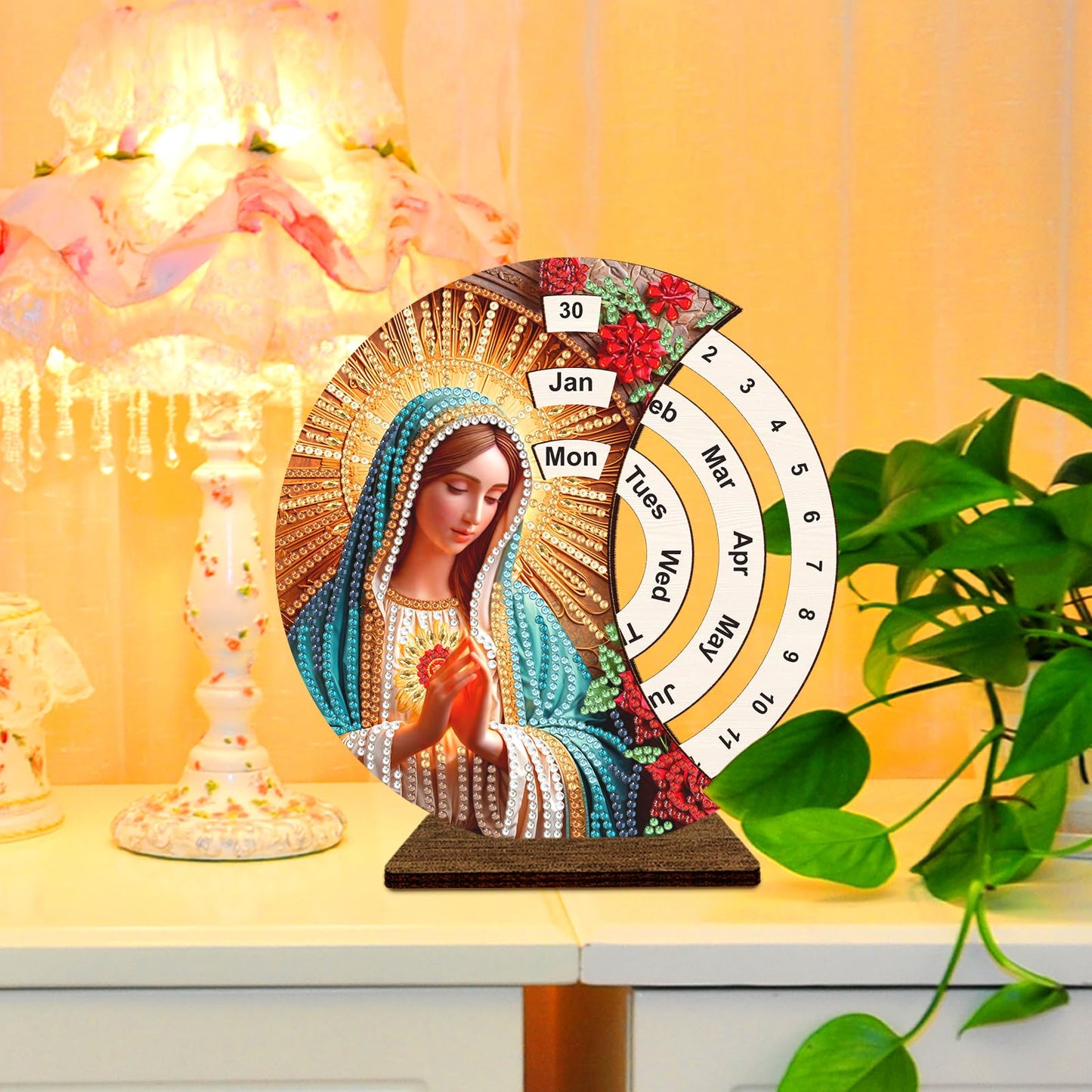F-CANLAN 5D Diamond Painting Decorations Ornaments - Virgin Mary Pray Calendar Decorated Desktop Diamond Dots Arts Crafts Set Virgin Mary Calendar Decorated Desktop Paint with Diamonds (19X18 CM)