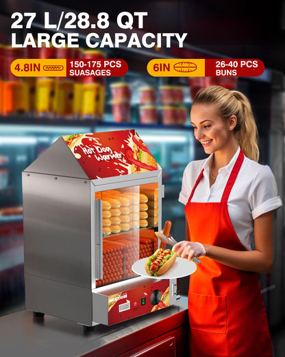 WantJoin Hot Dog Steamer - 28.8QT Commercial Electric Hot Dog Steamer with Bun Warmer, Glass Sliding Door Steaming Machine for 175 Hot Dogs and 40 Buns Adjustable Temperature Red