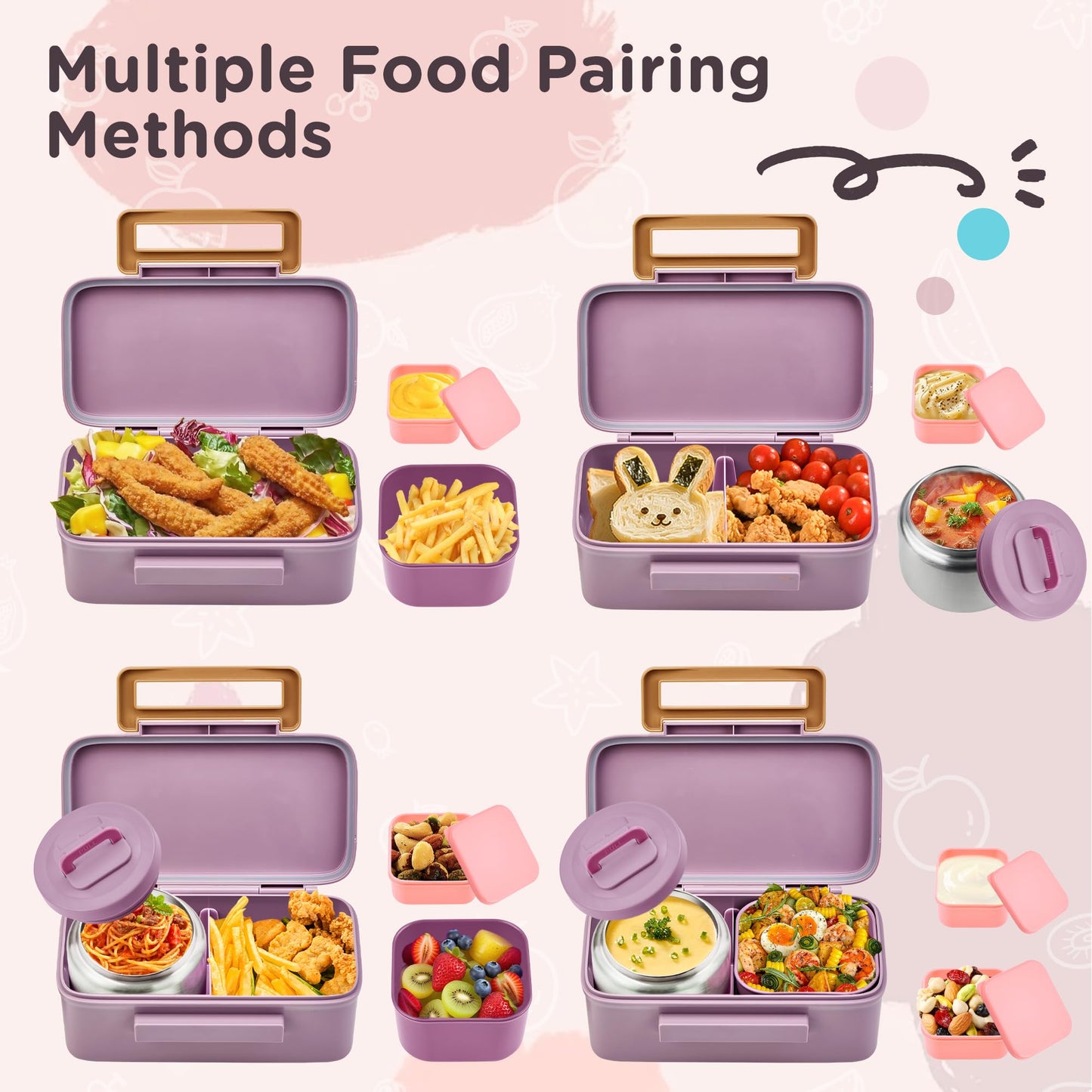 MAISON HUIS Bento Box for Kids with 8oz Soup Thermo, Insulated Lunch Bag & 17oz Water Bottle, 2-Compartment Bento Box with Built-In Ice Pack, Leak-Proof & BPA-Free