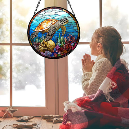 CRISGIF Stained Glass Window Hanging Blue Sea Ocean Coral Turtle Large 11.8" - Suncatcher Door Garden Sunroom Sun Catcher Home Decor Birthday Christmas for Mom Men Woman Nana