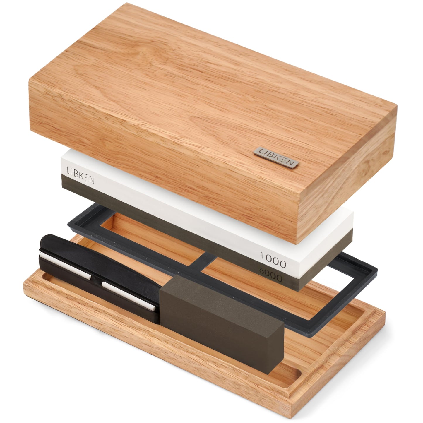 Libken Whetstone Knife Sharpening Stone Kit 1000/6000 Grit with Wooden Box – Wet Stone Sharpener Set for Kitchen Knives, BBQ, Hunting, Pocket, Scissor, Blade, Razor – Angle Guide & Flattening Stone