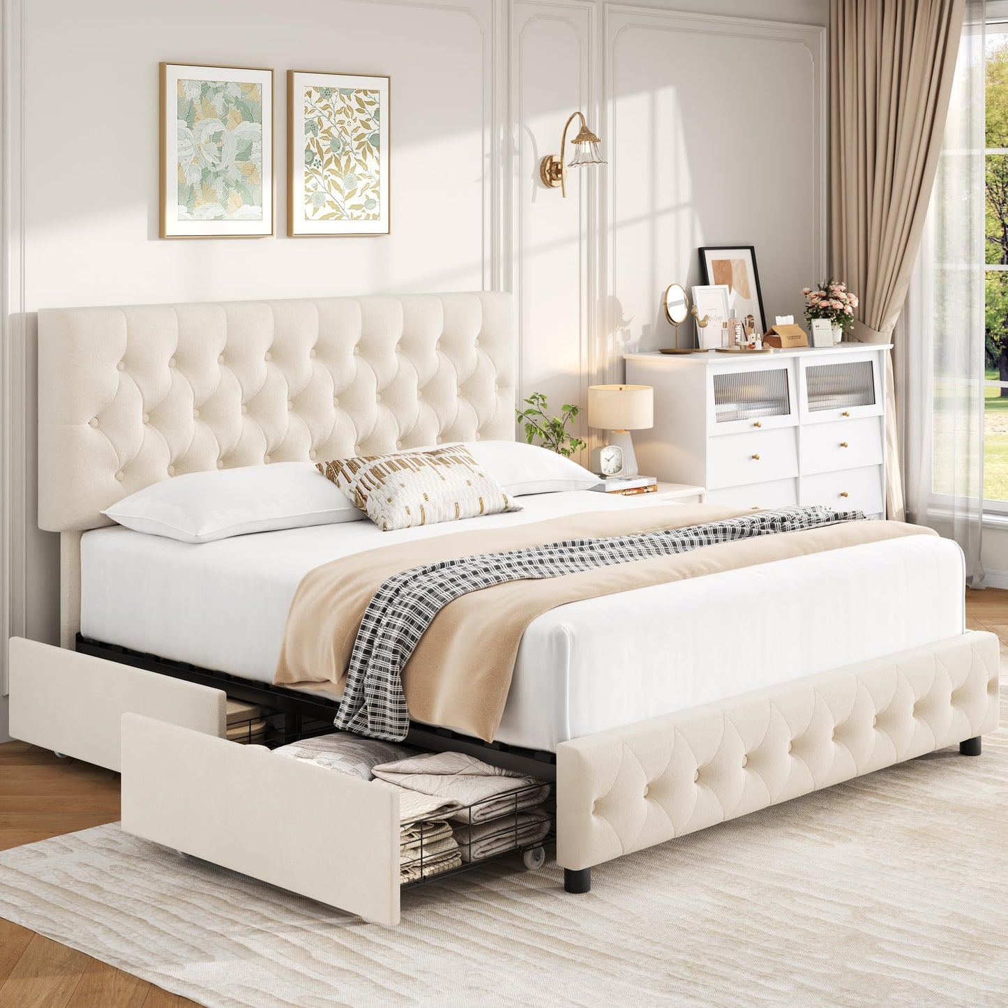 Keyluv Modern Queen Size Upholstered Bed Frame with 4 Storage Drawers, Button Tufted Headboard Design, Solid Wooden Slat Support, Easy Assembly, Soft Velvet, Beige