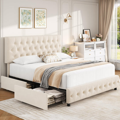Keyluv Modern Queen Size Upholstered Bed Frame with 4 Storage Drawers, Button Tufted Headboard Design, Solid Wooden Slat Support, Easy Assembly, Soft Velvet, Beige