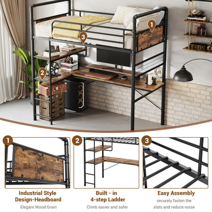 GarveeHome Loft Bunk Bed with L-Shaped Desk, Twin Loft Bed with Desk Underneath, Metal Bunk Beds with High Guardrail and Ladder for Kids/Teens/Adults, Easy Assembly, Vintage Brown