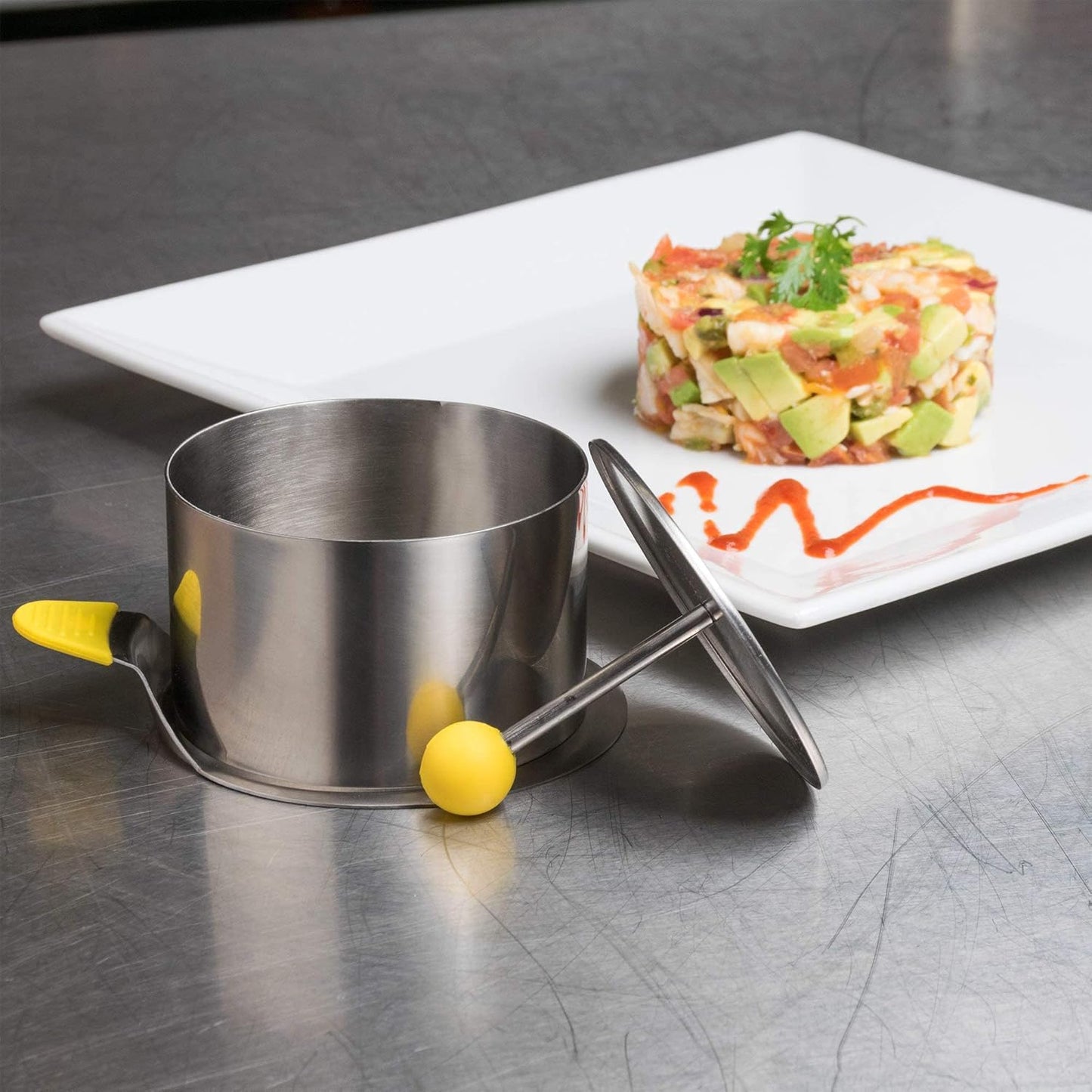 Ateco Round Food Molding Set, 4-Piece Set, 3.5 by 2.1-Inches High, Includes 2 Rings, Fitted Press & Transfer Plate
