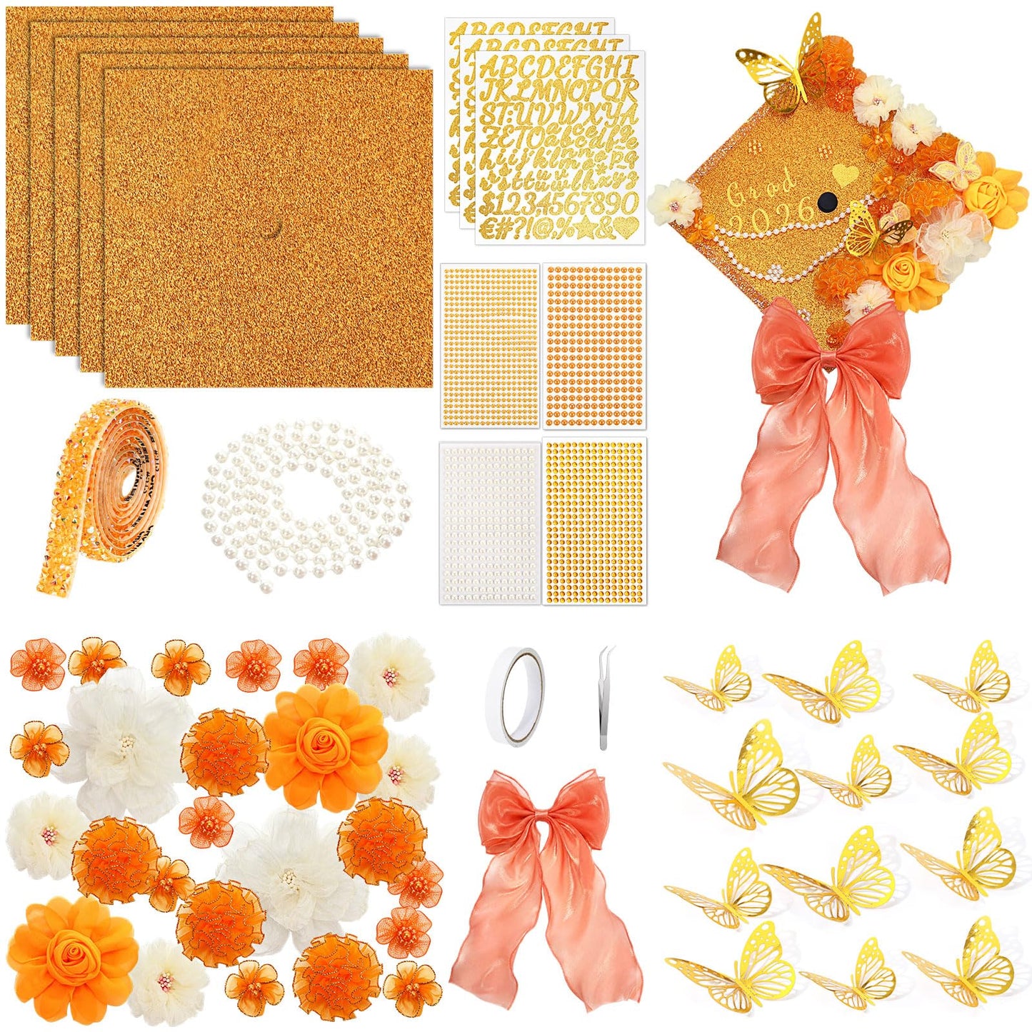 Wavwavw 58 Pcs DIY Graduation Cap Decorations Kit Grad Cap Decor Included Faux Flowers Bow Mesh 3D Butterfly Stickers, Adhesive Rhinestones, Glitter Letter Stickers, for 2026 Grad Party(Orange)
