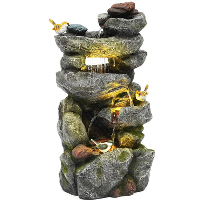 Ultym 31.5" Multi-Tier Rock Outdoor Water Fountain with LED Lights, Cascading Waterfall with Birds for Garden Patio Porch, Weather-Resistant Resin Water Feature for Tranquil Oasis
