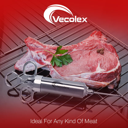 Vecolex 304 Stainless Steel Meat Injector Syringe-2 Oz Turkey Injector for Smoking with 3 Needles 3 Brushes-Spare O Rings-Food Injector for BBQ,Turkey & Brisket (Stainless Steel)