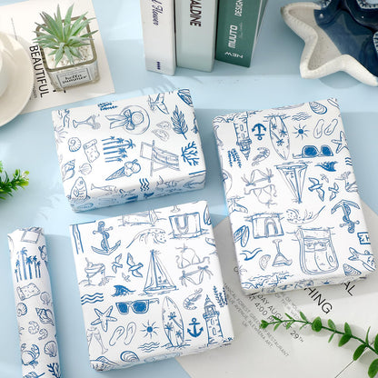 FYSUIMU Summer Wrapping Paper -Mini Roll- 17 Inch x 32.8 Ft Blue White Beach Fish Gift Wrap Paper Tropical Art Papers for Luau Pool Party Baby Shower Birthday DIY Crafts