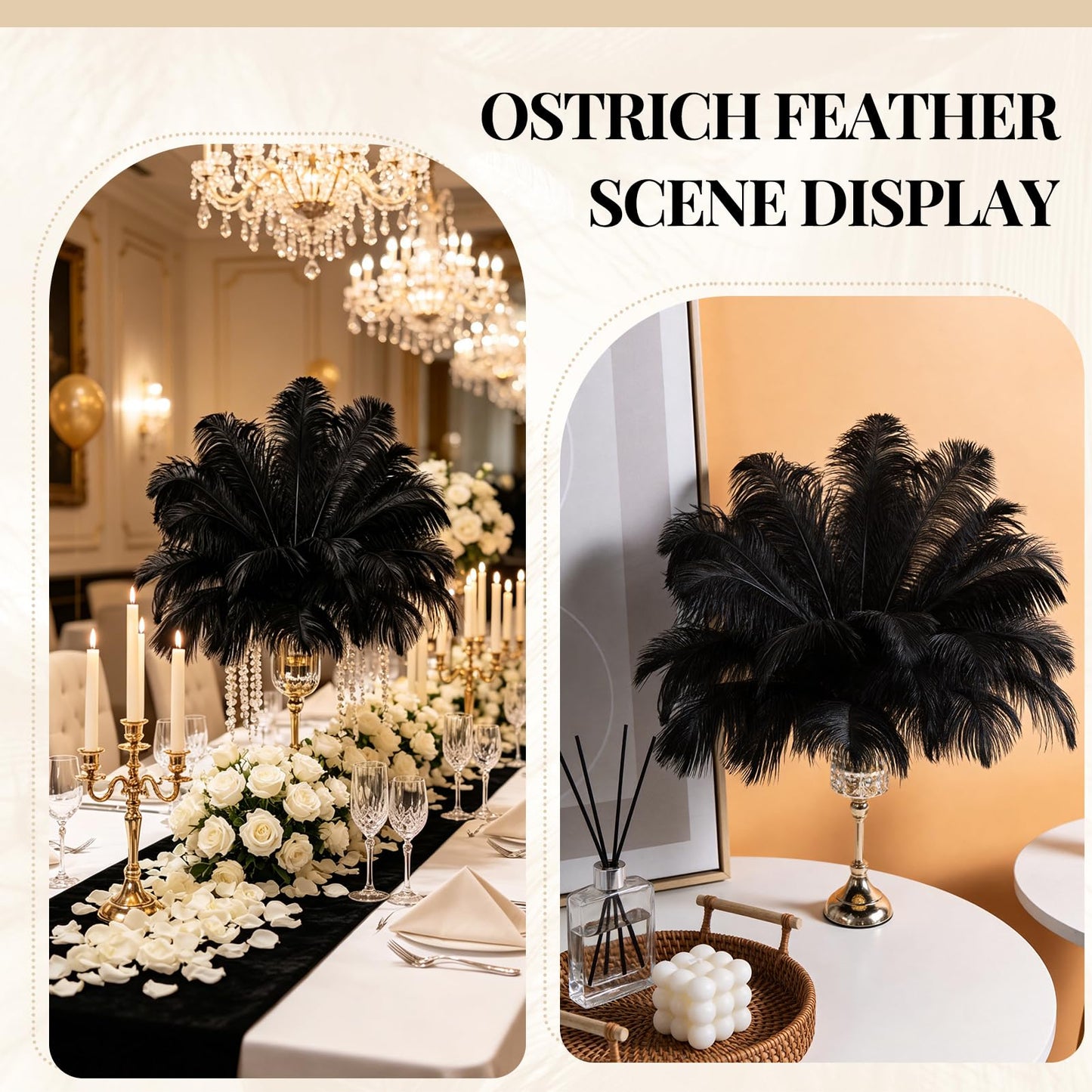 Natural Black Ostrich Feathers Bulk 40 Pack, 10-12 in, 8-10 in (20 Pcs Each), for DIY Vase Craft Wedding Party Centerpieces Christmas Decoration