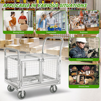 Platform Truck Cart with Cage 2-Door Design 7 in 1 Mutipurpose Handcart with 5" Wheel 39"x25" Large Uitility Cart, Mesh Plate w/Removalble Fence 6-Side, Load 2000lbs for Grocery/Laundry/Stall/Storage