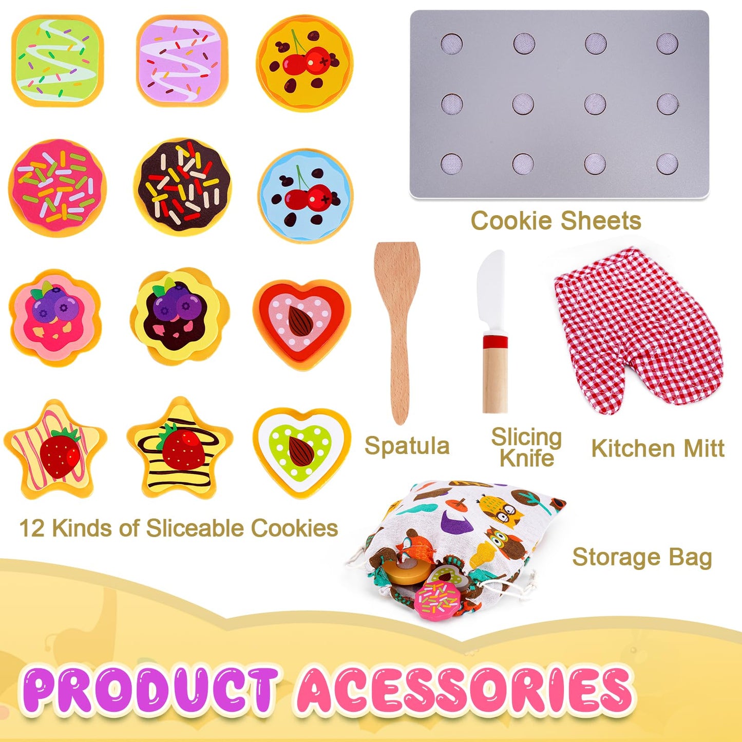 Slice and Bake Wooden Cookie Play Food Set for Kids Kitchen - Toy Food Accessories - Kids Pretend Cookies and Baking Sheet, Toy Baking Set for 3+ Year Old Boys Girls Birthday Gifts
