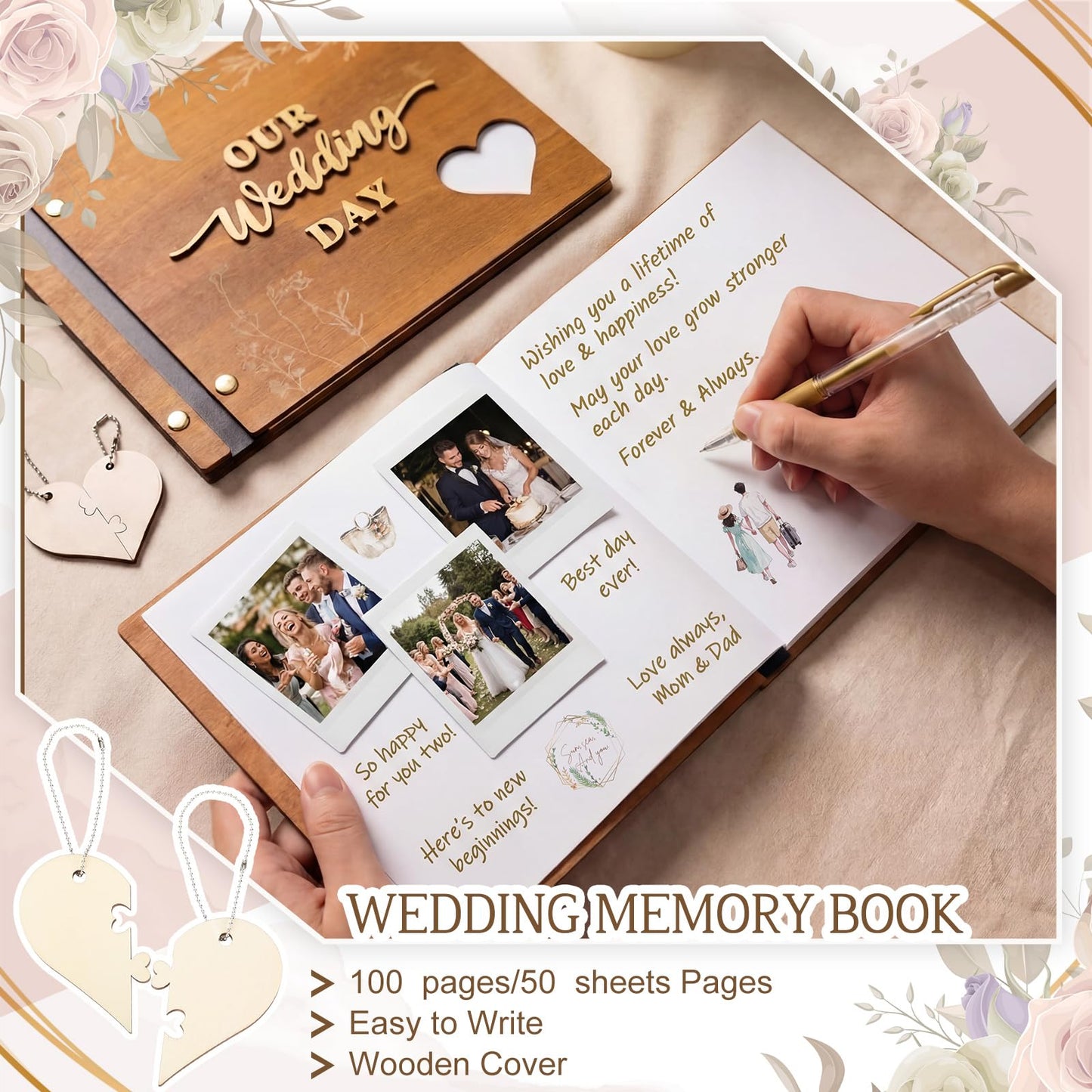 Resurhang Rustic Wooden Wedding Guest Book Memory Book for Wedding Wooden Cover Photo Scrapbook Rustic Keepsake Guestbook with Stickers for Reception Anniversary Bridal Shower Engagement Supplies