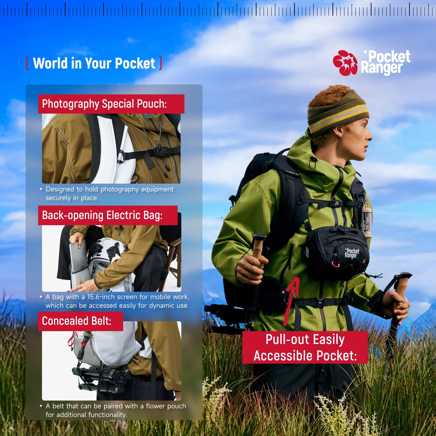 VSGO Pocket Ranger Outdoor Backpack - Expandable, Suitable for Outdoor Activities, with 24 Attachment Points (White, 35-42L)
