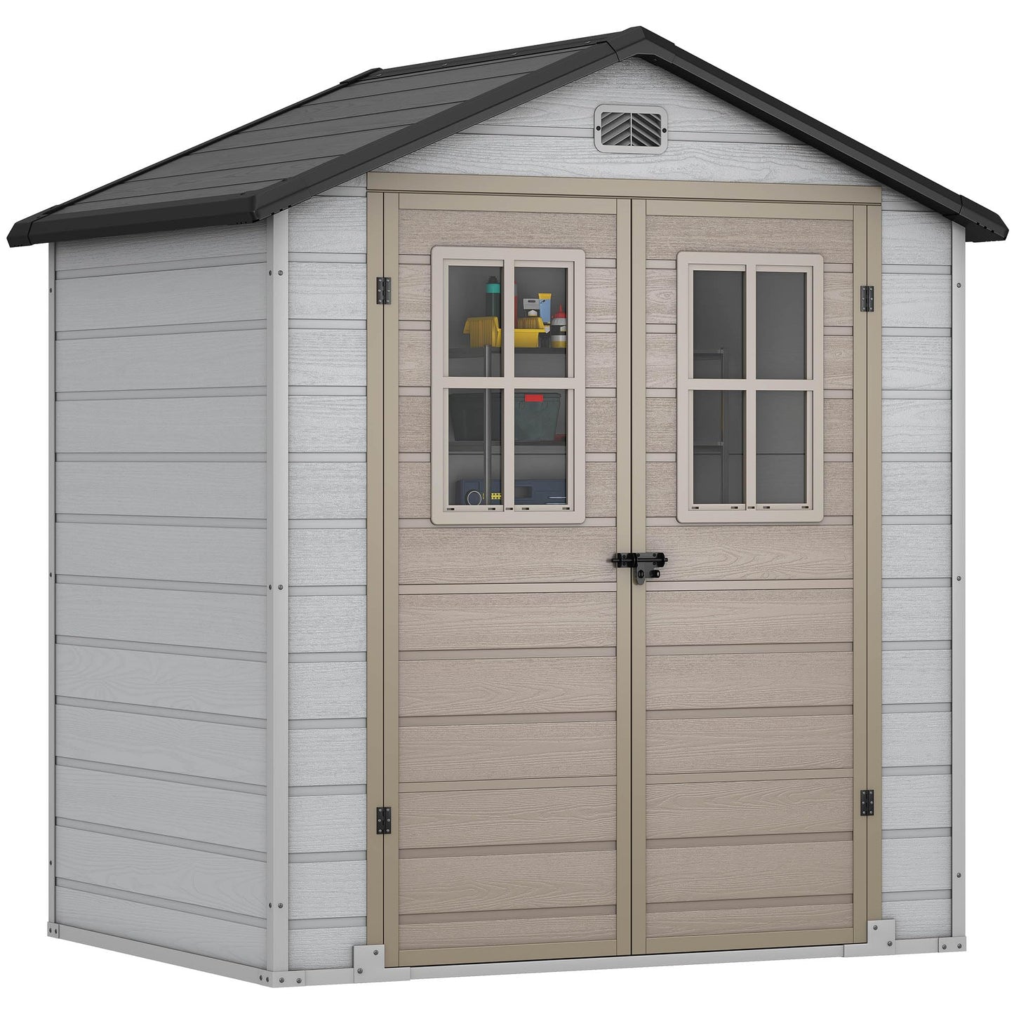 DWVO 6x4.4 FT Outdoor Storage Shed, Plastic Garden Tool Shed with 2 Windows, Double-Wall Outside Shed for Lawn Mower, Garden Shed for Backyard Patio, Lockable, Greige&Gray