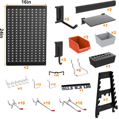 TORACK Metal Pegboard Wall Organizer System for Garage, 109 PCS Pegboard Accessories Tool Organizer Kit with Pegboard Bins, Hooks, Tool Storage Peg Board for Workbench(Black)