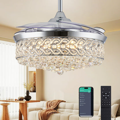 PAFRUMGE 52" Crystal Ceiling Fan with Light and Remote，Dimmable Fandelier with Invisible Retractable Blades, Modern Chandelier Ceiling Fans with Lights for Bedroom Living Room 6 Speed Chrome