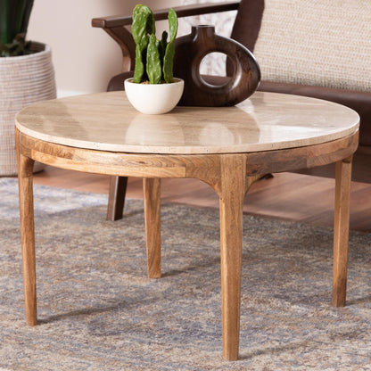 Baxton Studio Prospero Round Travertine Coffee Table - Modern Accent Table with Mango Wood Frame for Living Room or Seating Areas