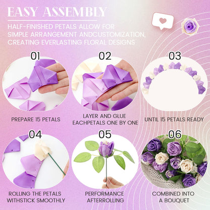 Thiccywoov 360 Pcs Premade Satin Ribbon Rose Petals DIY Kit with Flower Calyx Bases and Leaves Stems Half-Finished for Eternal Rose Flower Bouquet Gift for Anniversary Wedding Birthday(Purple Series)