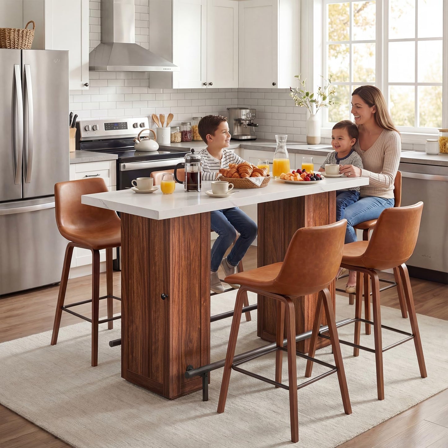 ONBRILL Kitchen Island with Storage, 58 Inch Stationary Island Table with Double Footrests, Counter Height Pub Table for Dining Room, Home Bar, Living Room