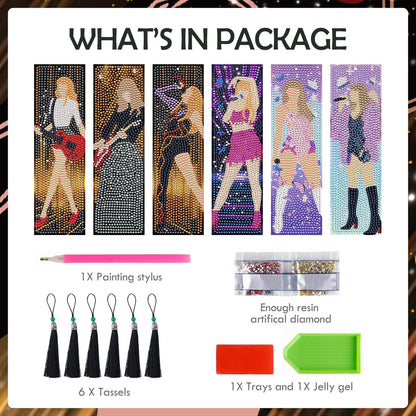 INCOK Singer Diamond Art Bookmarks - 6 Pcs DIY Pop Star Diamond Painting Bookmarks Kits Aesthetic Art Craft Festival Holiday Birthday Gift for Book Lovers Adult Beginners Fans Music Lover