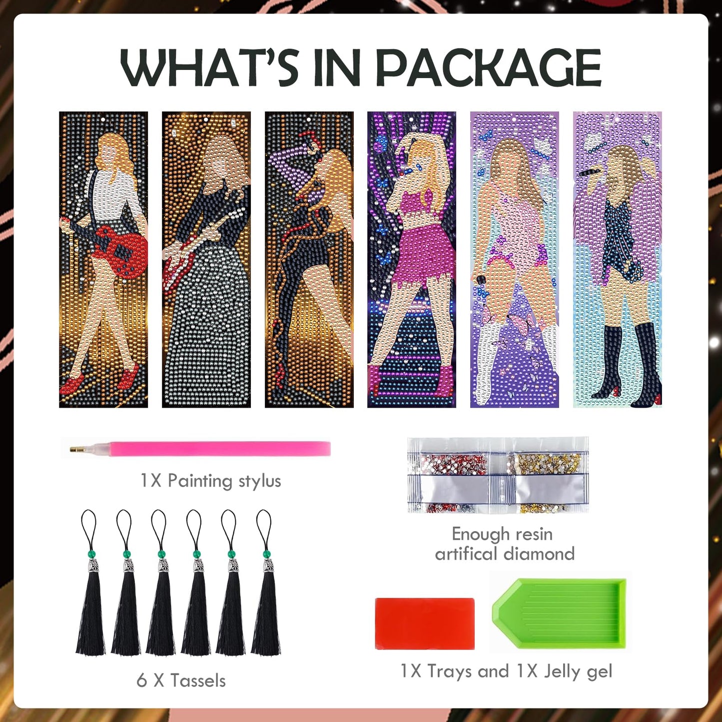 INCOK Singer Diamond Art Bookmarks - 6 Pcs DIY Pop Star Diamond Painting Bookmarks Kits Aesthetic Art Craft Festival Holiday Birthday Gift for Book Lovers Adult Beginners Fans Music Lover