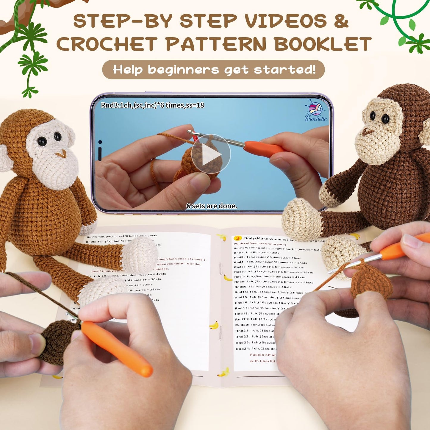 Crochetta Crochet Kit for Beginners, Crochet Kits with Step-by-Step Video Tutorials, Learn to Crochet Animal Kit for Adults Kids, DIY Craft Knitting Supplies, Monkey Amigurumi Gift(40%+ Yarn)