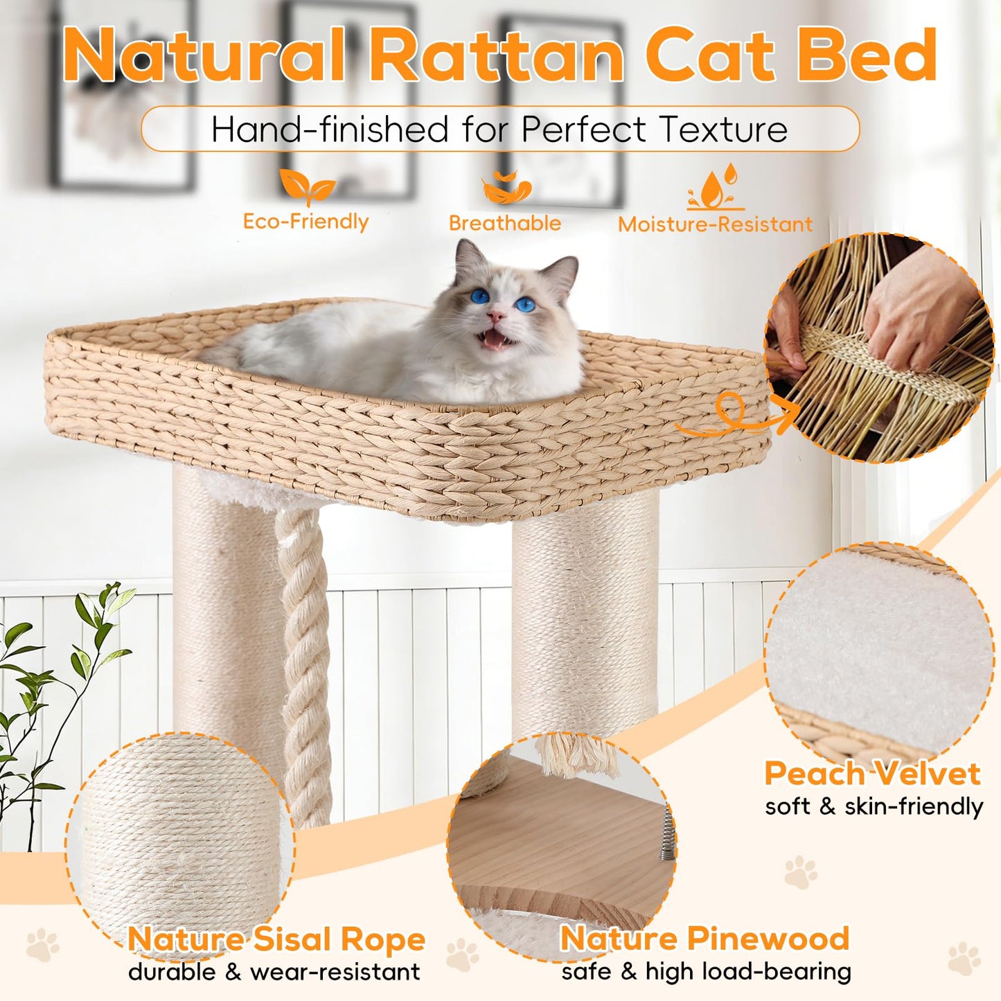 EMUST Luxury Modern Cat Tree Tower 50IN - Heavy-Duty Multi-Level Cat Condo with Extra-Large Hand-Woven Rattan Bed & Thickened Scratching Post for Indoor Cats Large Adult