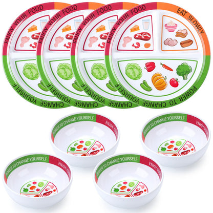 Tioncy 8 Pcs Bariatric Portion Control Set with 4 Bariatric Plates 4 Portion Control Bowls for Adults Diet Balanced Eating Weight Loss Serving Plans (Stylish)