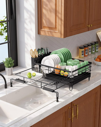 Kitsure Extendable Dish Drying Rack - Rust-Resistant Dish Racks for Kitchen Counter with Adjustable Support Legs, Cutlery Holder & Removable Draining Tray (Black, 15.6''-25.2''L × 16.9''W × 8.1''H)