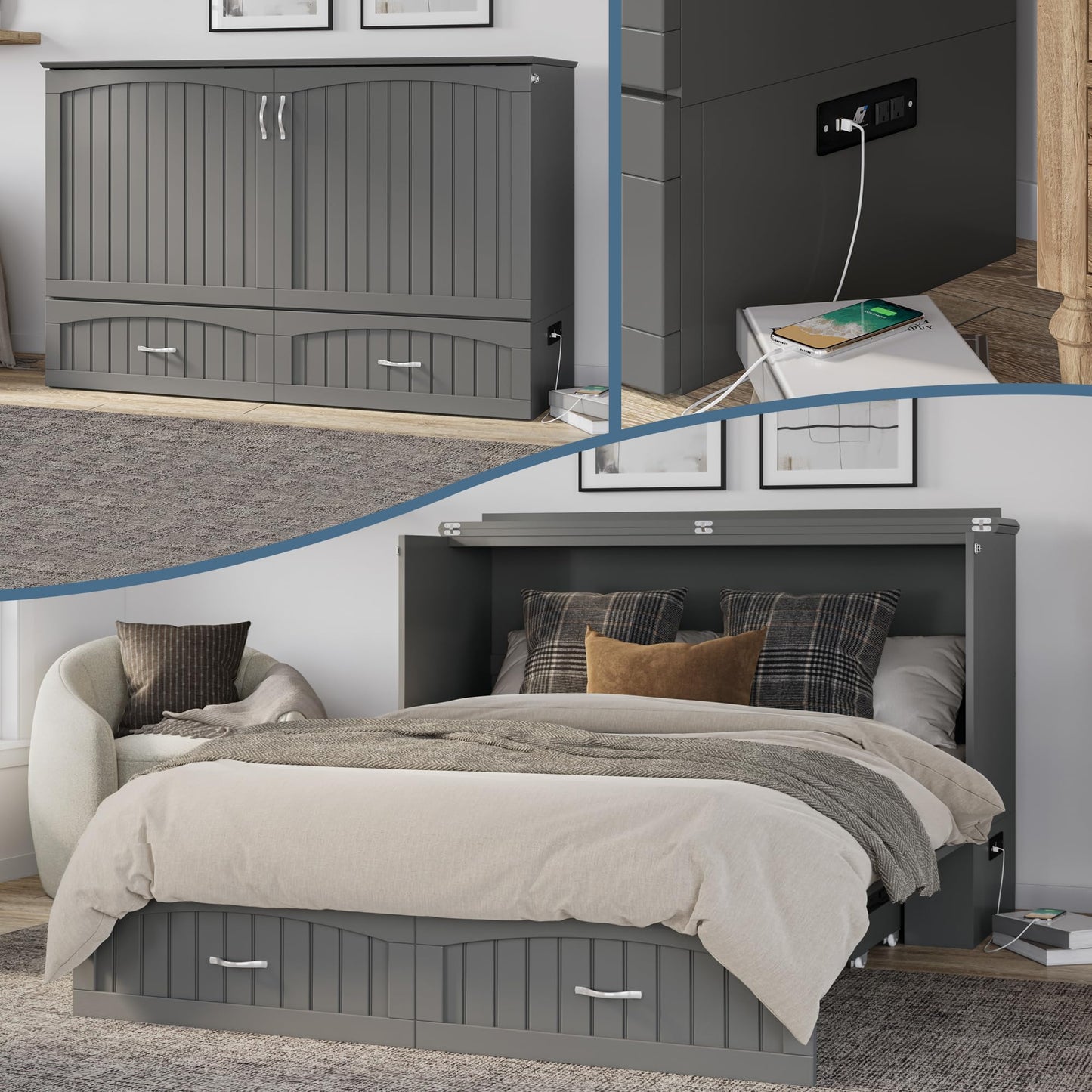 AFI, Aspen Mid-Century Modern Queen Solid Wood Murphy Bed Chest with Mattress in Grey