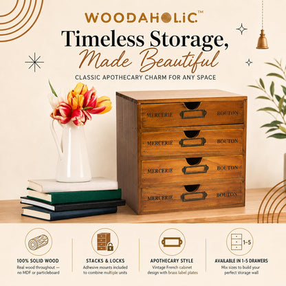 Modular Stackable Apothecary Cabinet 4 Drawer Desk Organizer - Retro Library Card Catalog Wood Storage Box - Organize Stationery, Thread Embroidery, Sewing, Crafts, Junk Drawer & Supplies Countertop