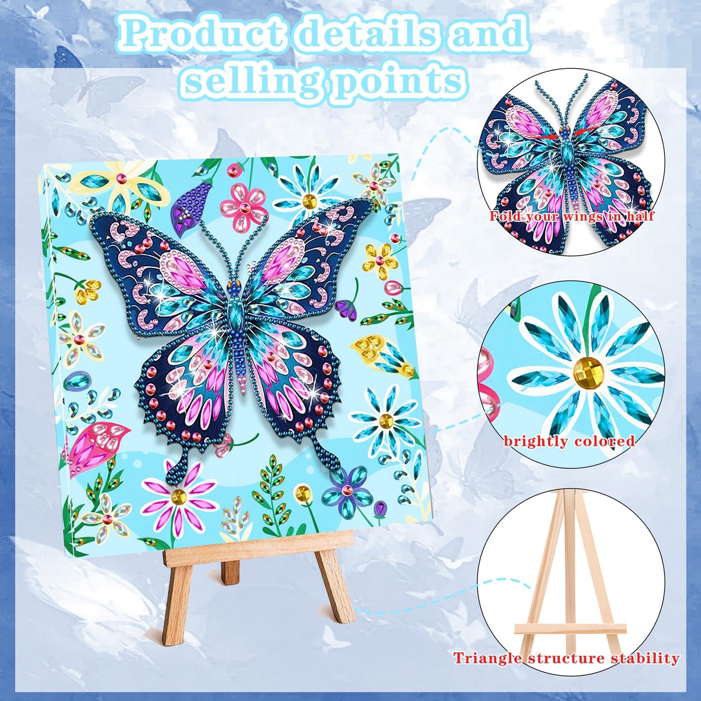 Arts and Crafts for Age 8-12, Framed Canvas Diamond Art Kits for Adults, Butterfly Diamond Art with Wooden Triangle Easel, Diamond Painting for Beginners, Birthday Gifts for Women, Gifts for Girls 6-8