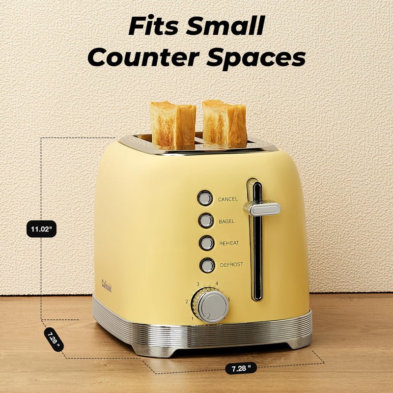 Culinaid Toaster 2 Slice Retro Stainless Steel with 1.5” Extra Wide Slots Bagel, Defrost, Reheat, Cancel Functions, 6 Bread Shade Settings, Removable Crumb Tray, Yellow