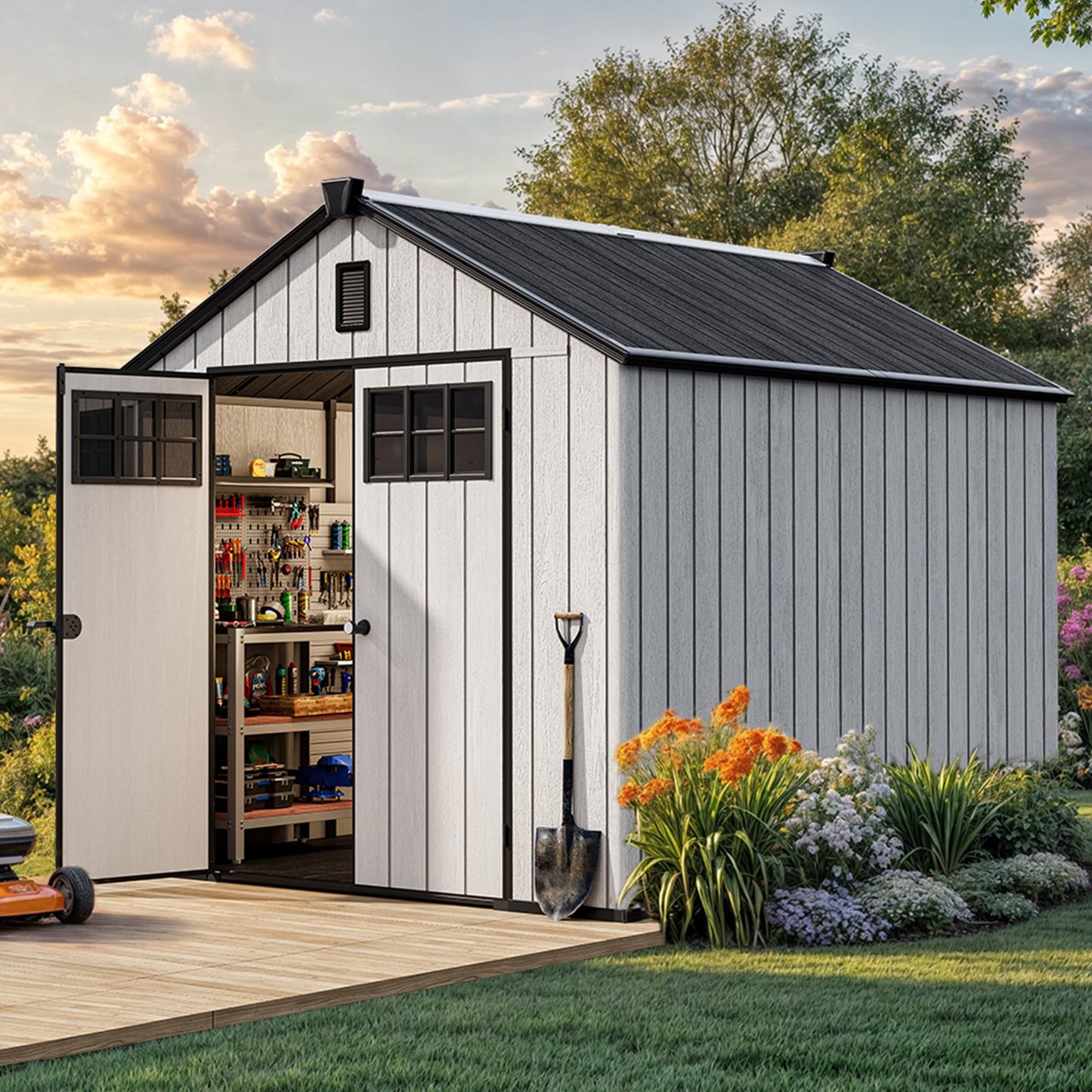 YITAHOME Large Outdoor Storage Shed 8x10 Ft, Extra Thick Plastic Storage Sheds with Floor, Lockable Doors, Vision Grid Windows, Vents, 16mm Heavy Duty Garden Storage for Bikes Mowers and Tools, Gray