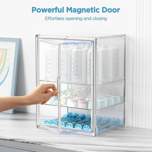 HBlife Baby Bottle Storage Organizer - 3-Tier Adjustable Clear Acrylic Station with Magnetic Door & Dividers | Large