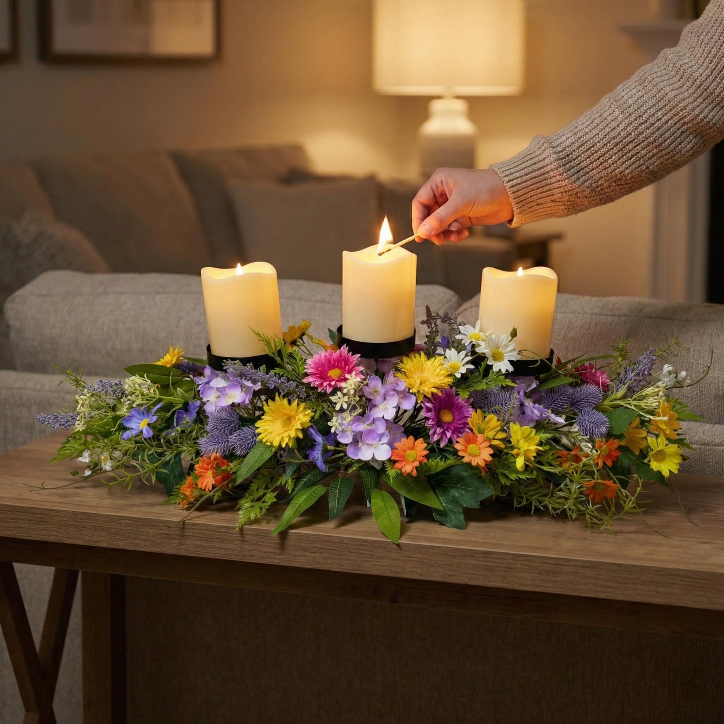 Lnymura 26 Inch Spring Summer Centerpiece with 3 Candle Holders Floral Table Centerpiece with Daisies and Wildflowers for Dining Table Mantel Wall and Farmhouse Table Decoration