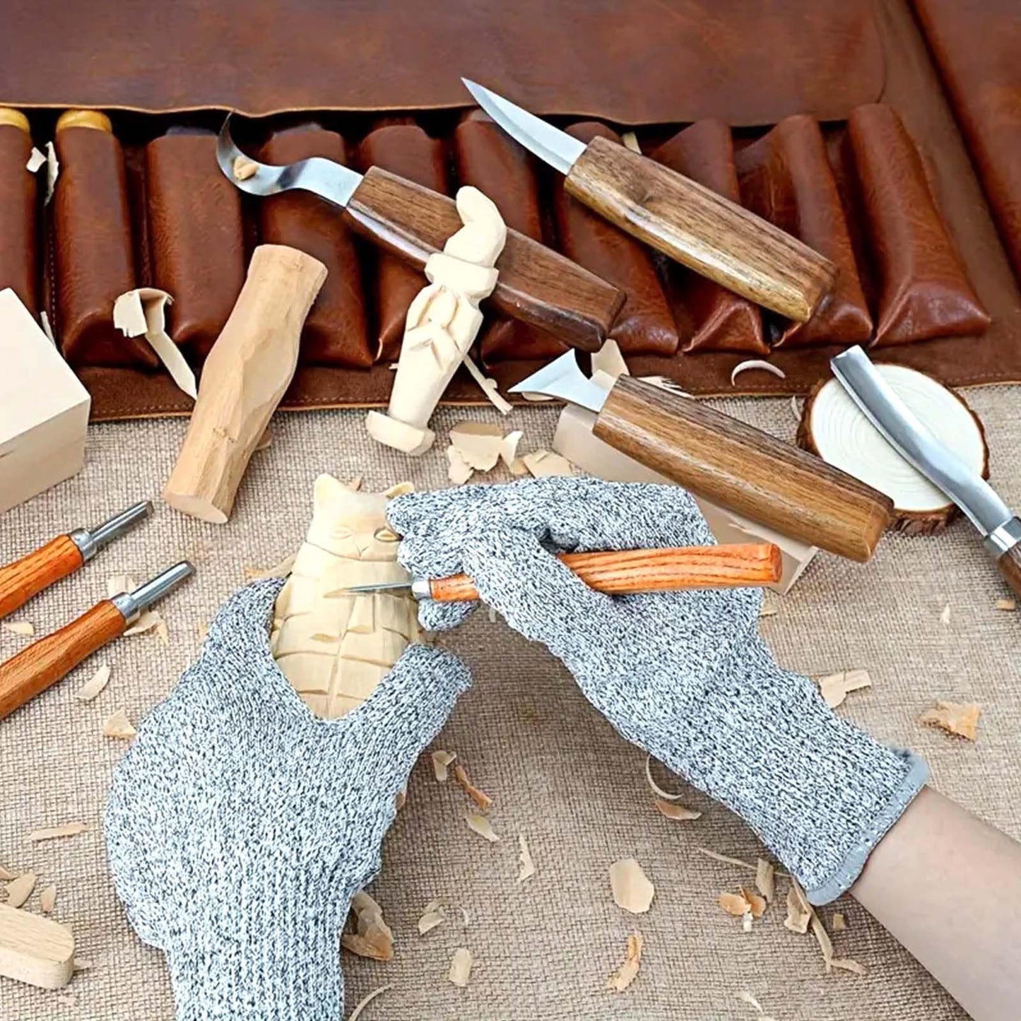 Wood Carving Kit, 18Pcs Professional Whittling Tools with 6 Wood Carving Knives 12 Detail Knives for Beginners Enthusiasts Gift DIY-Natural Wood-18 pcs