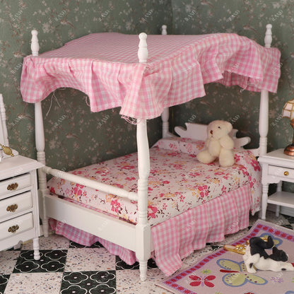 iLAND Dollhouse Furniture Bedroom Set Doll House Mini Bed for Dolls Wooden Miniature Furniture with 1 12 Scale Accessories Pink Dollhouse Accessories Decor