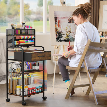 Homsorout Art cart, 3 Tier Rolling Cart - Utility Cart with Storage Drawer and Wheels, Versatile Art & Craft Organizer for Home, Office, or Studio Ideal for Storing Brushes, Paints （Brown）